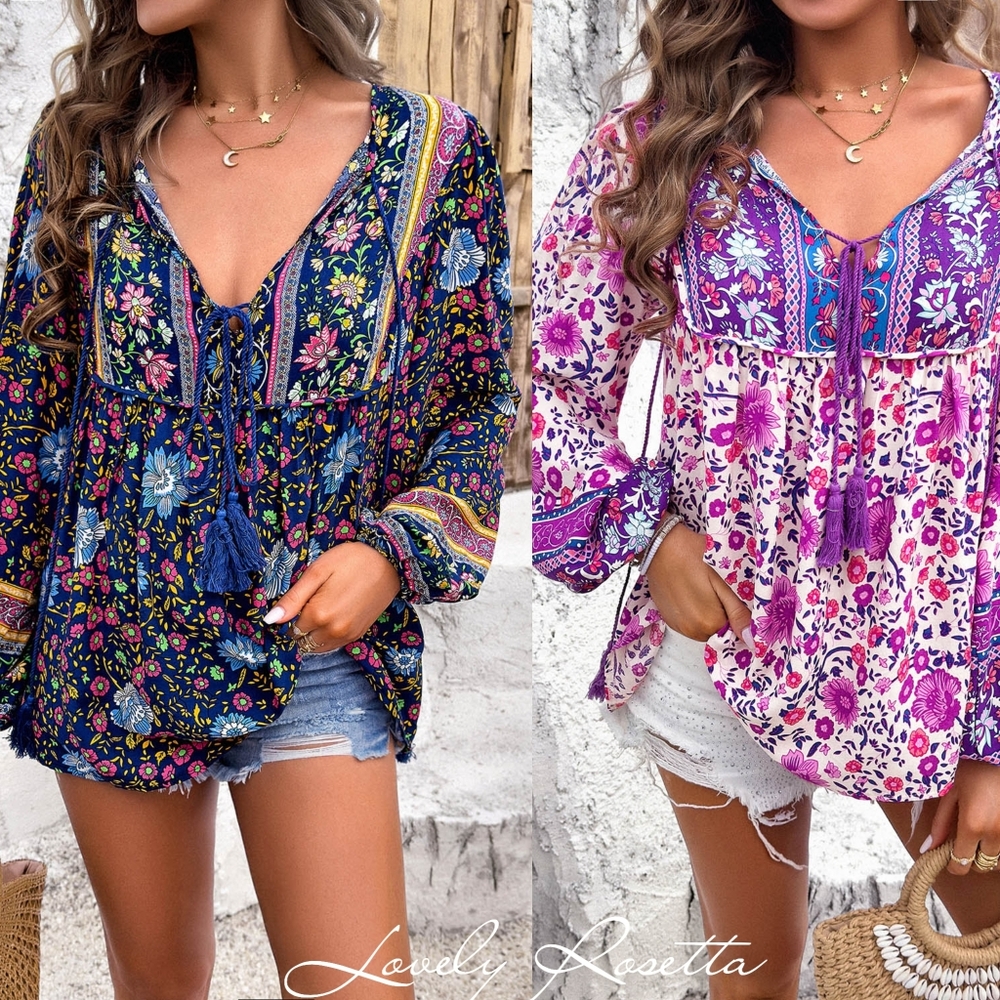 Floral Aqua Bohemian Blouse with Tassels - Picture 9 of 9